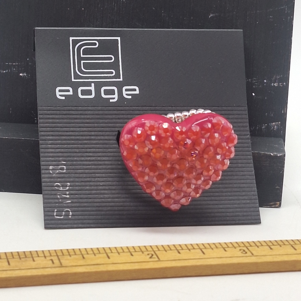 Edge Pink Rhinstone Heart Elastic Ring Size 8